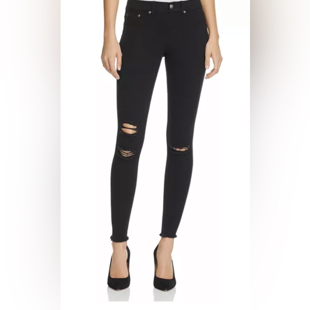 HUE Pull On Distressed Black Denim Fringe Leggings NWOT